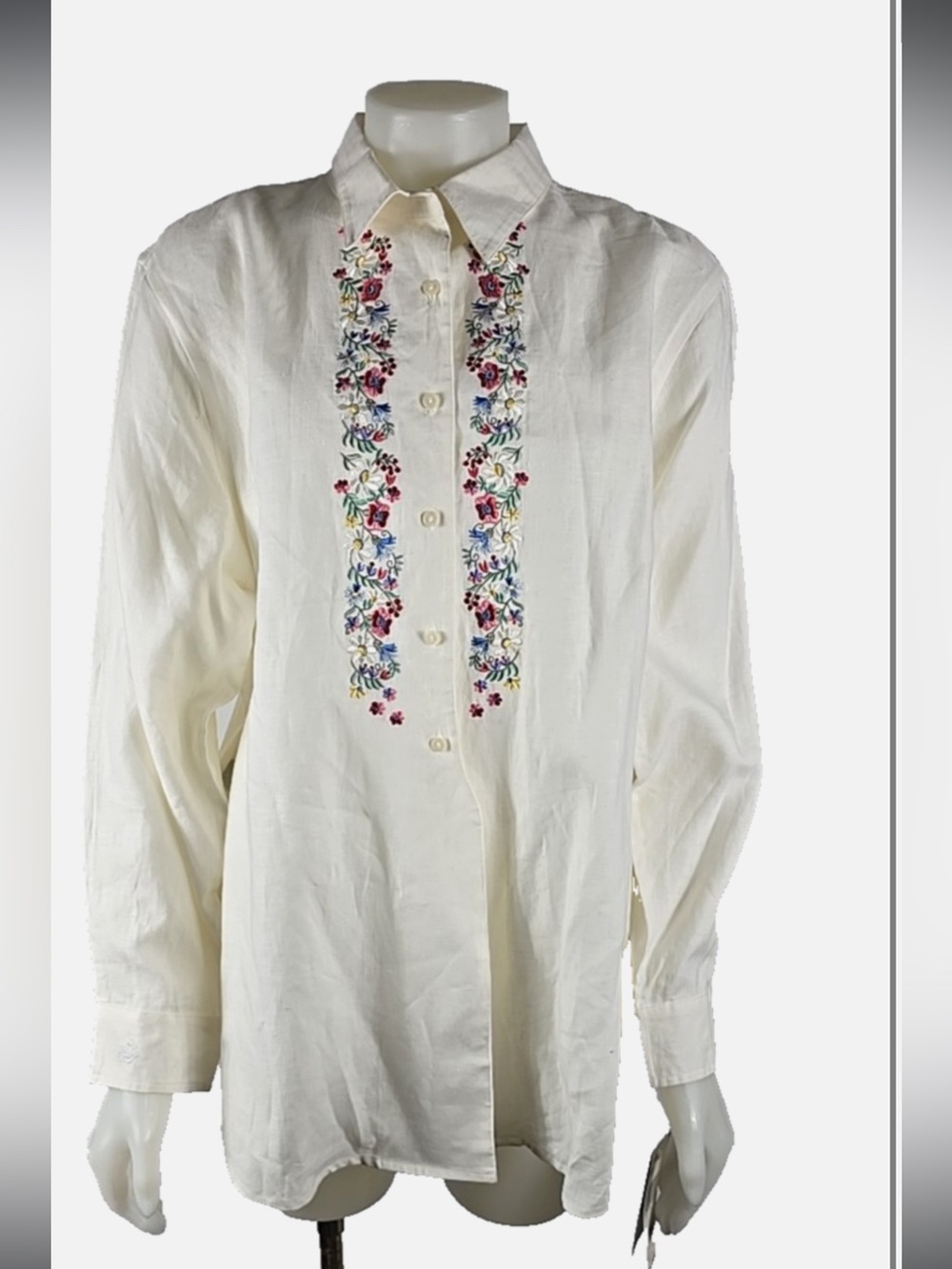 100% LLauren Ralph Lauren Cream Button-Down Shirt with Floral Embroidery Size M